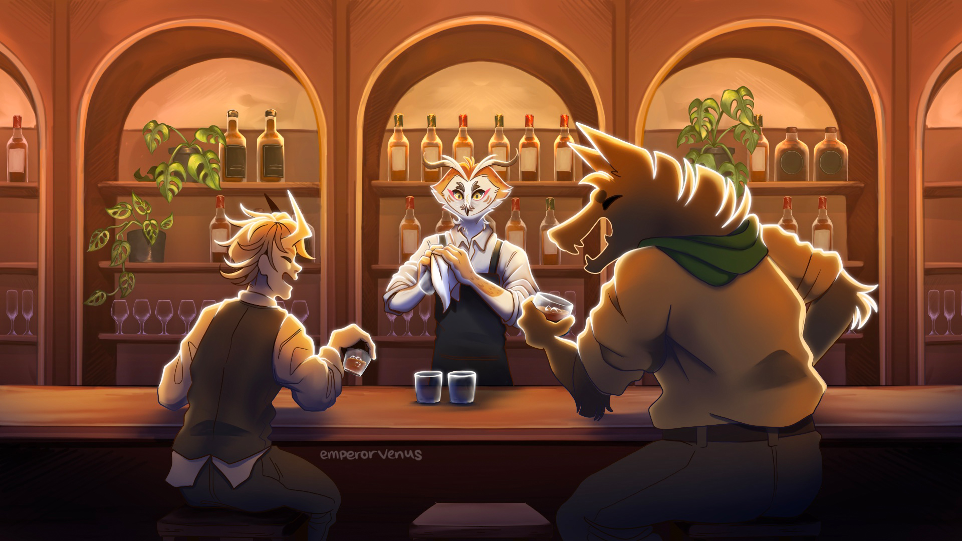 Serene Bartender Illustration with Owl Artwork